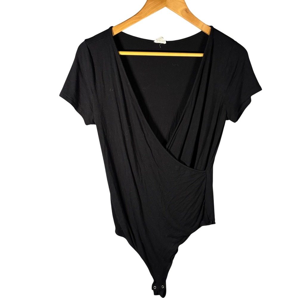 Garage Black Faux Wrap Short Sleeve Bodysuit Women Size L